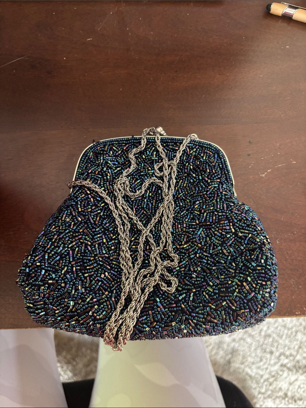 Valerie Stevens Iridescent Beaded Blue Evening Clutch with Silver Chain